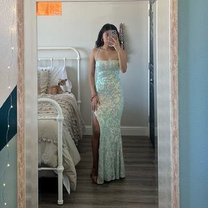 A turquoise formal dress.